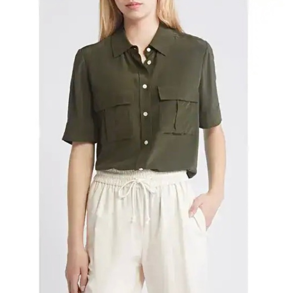 FRAME Silk Short Sleeve Flap Pocket Button Up Shirt Blouse Military Green LG - Picture 16 of 16